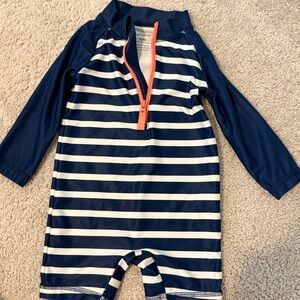 Carter's Navy and White Striped Baby Swimsuit with Orange Zipper
